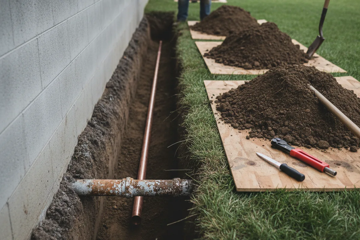 Excavated water line trench during Water Heater Repair in Three Rivers